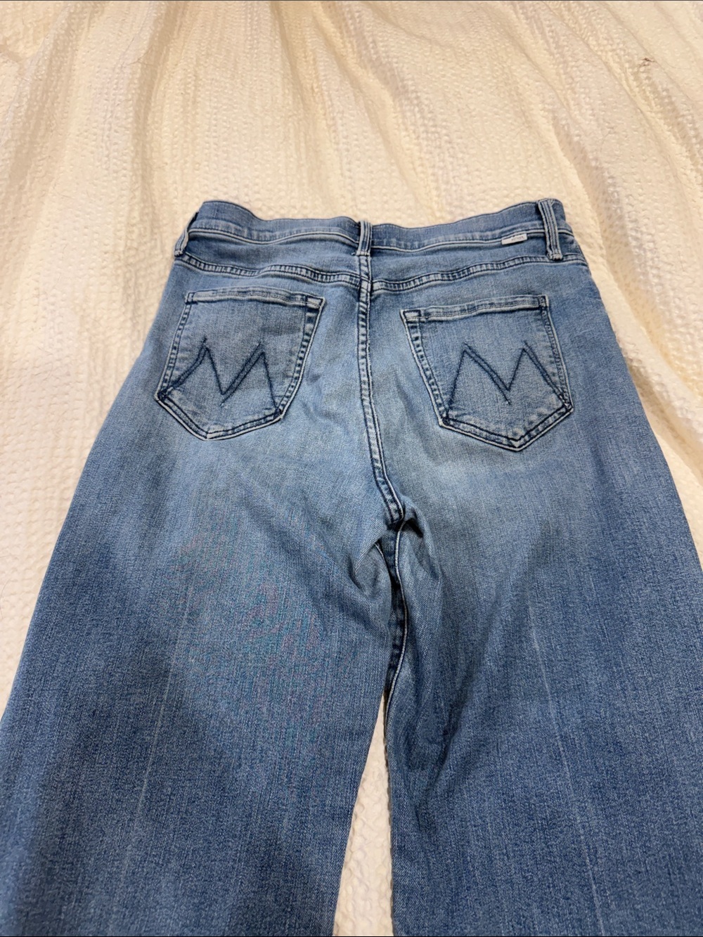 MOTHER Flared Light Blue Denim Jeans with Signature M Back Pockets